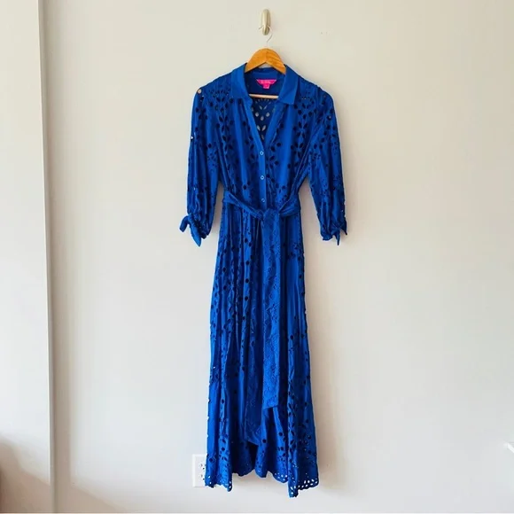 Lilly Pulitzer Amrita Midi Dress Borealis Royal Blue Soiree Eyelet Size 8